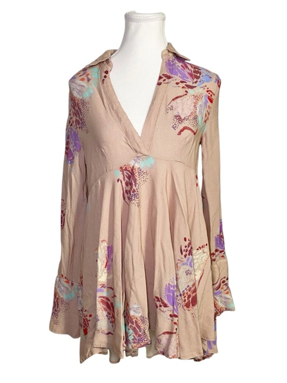 Free People Abstract Print Boho Babydoll FLAWED Tunic Top Blush Pink